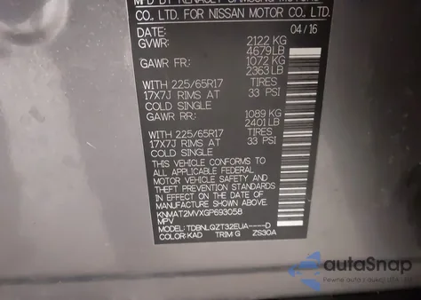 2016 Nissan Rogue Sv z USA, uszkodzony, nr VIN KNMAT2MVXGP693058